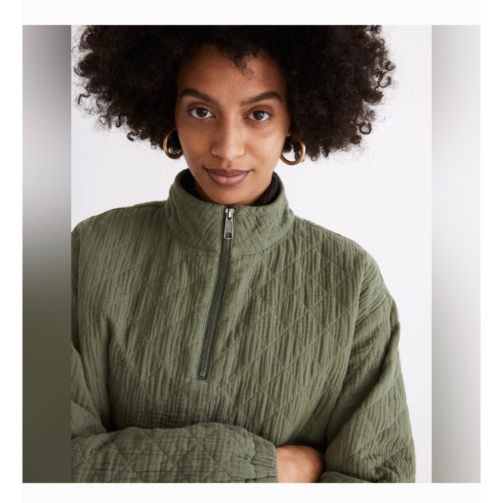 Madewell Olive Green Quilted Half-zip Top